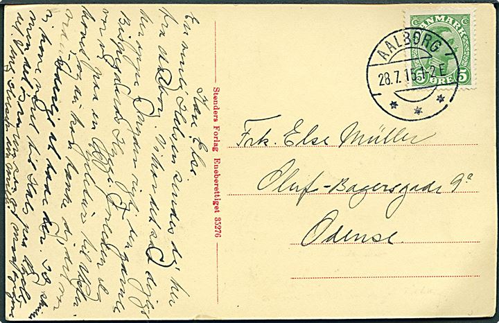 5 øre Chr. X på brevkort annulleret med brotype IIa Aalborg d. 28.7.1915 til Odense.