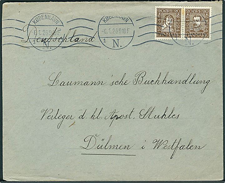 20 øre Chr. IV og 20 øre Chr. X Postjubilæum i sammentrykt parstykke på brev fra København d. 6.1.1926 til Dülmen, Tyskland.