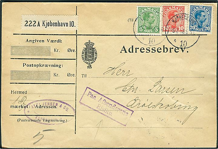 5 øre, 10 øre og 20 øre Chr. X på adressebrev for pakke fra Kjøbenhavn d. 5.7.1918 til Ærøskjøbing. Rammestempel: Paa Afsenderens Risiko..