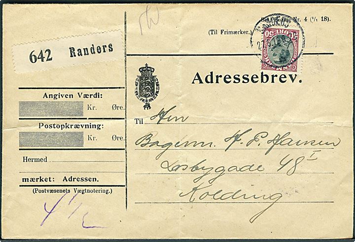 50 øre Chr. X single på adressebrev for pakke fra Randers d. 27.5.1919 til Kolding. Folder.