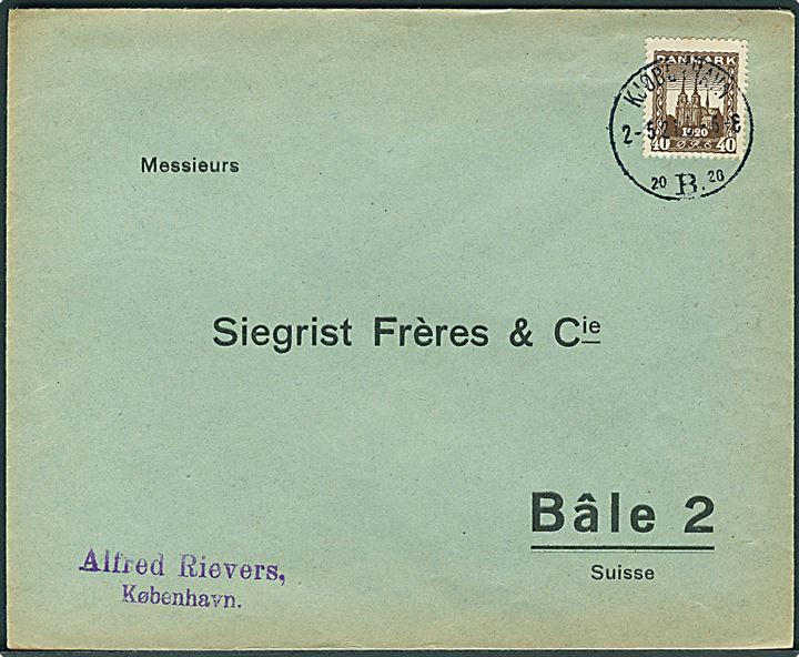 40 øre Genforening single på brev fra Kjøbenhavn d. 2.5.1921 til Basel, Schweiz.