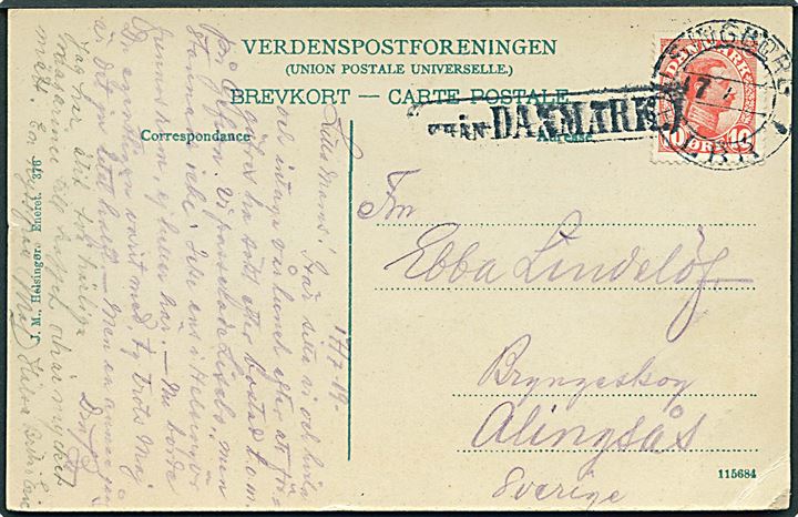 10 øre Chr. X på brevkort (Marienlyst, Kurhus) annulleret med svensk stempel i Helsingborg d. 17.7.1919 og sidestemplet Från Danmark til Alingsås, Sverige.