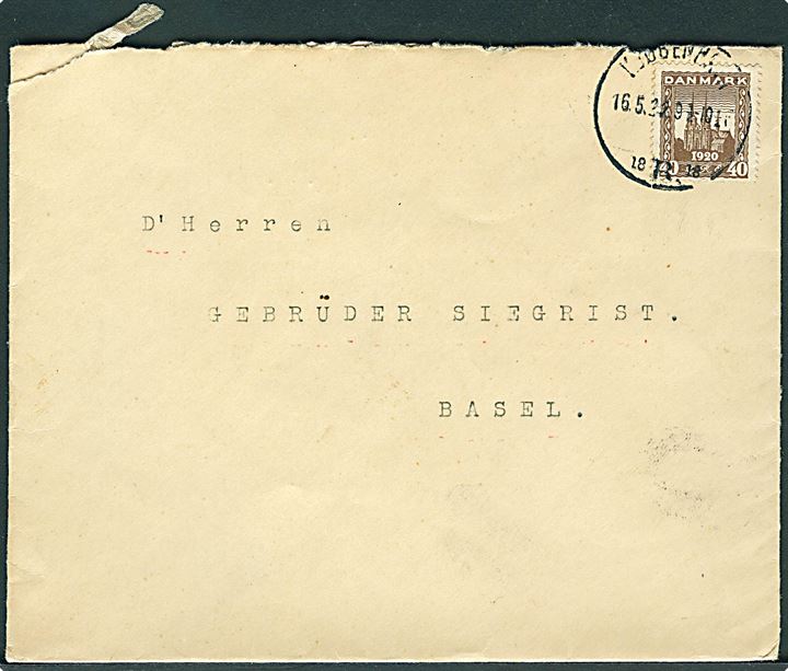 40 øre Genforening single på brev fra Kjøbenhavn d. 16.5.1922 til Basel, Schweiz.
