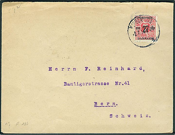 27/7 øre Provisorium single på overfrankeret brev fra Kjøbenhavn d. 2.7.1919 til Bern, Schweiz. Afs. bortklippet.