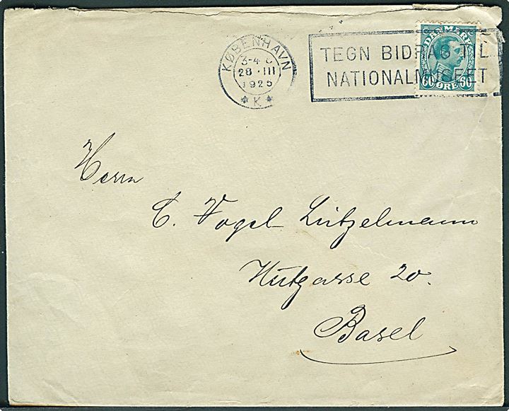 60 øre Chr. X single på brev fra København d. 28.3.1925 til Basel, Schweiz.