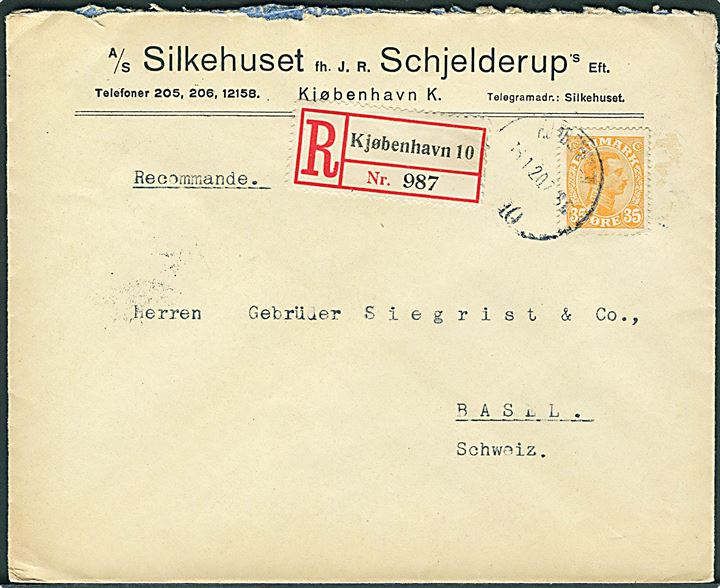 35 øre Chr. X single på anbefalet brev fra Kjøbenhavn d. 16.1.1920 til Basel, Schweiz.