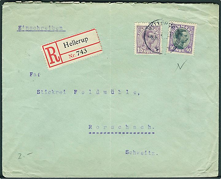 15 øre og 40 øre Chr. X på anbefalet brev fra Hellerup d. 8.5.1919 til Rorschach, Schweiz.