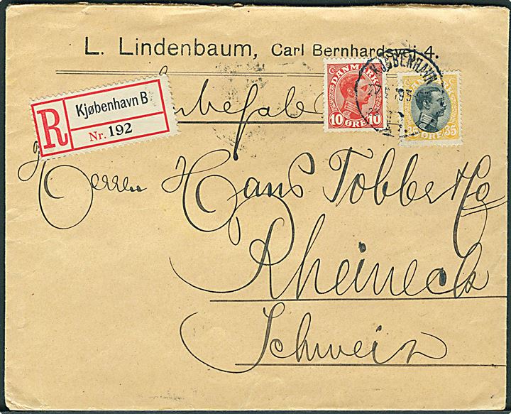 10 øre og 35 øre Chr. X på anbefalet brev fra Kjøbenhavn d. 27.9.1919 til Rheineck, Schweiz.