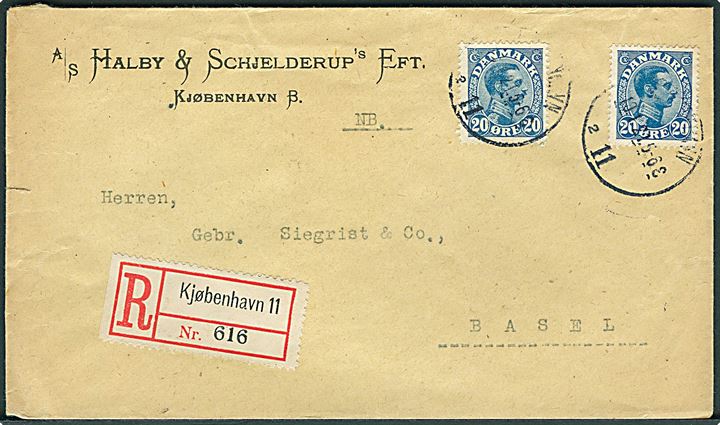 20 øre Chr. X (2) på anbefalet brev fra Kjøbenhavn d. 10.1.1921 til Basel, Schweiz.