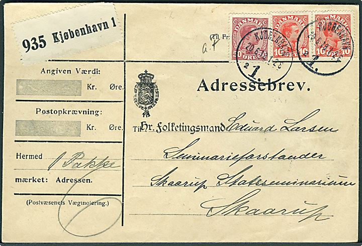 10 øre (par) og 50 øre Chr. X på adressebrev for pakke fra Kjøbenhavn d. 20.6.1918 til Skaarup.