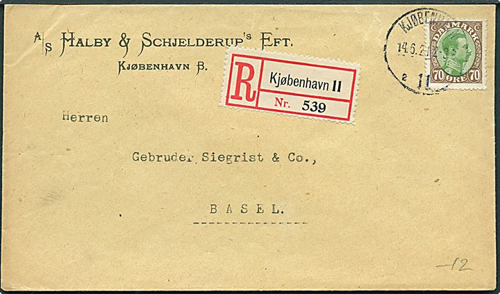 70 øre Chr. X single på anbefalet brev fra Kjøbenhavn d. 14.6.1921 til Basel, Schweiz.