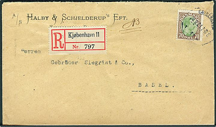 70 øre Chr. X single på anbefalet brev fra Kjøbenhavn d. 28.9.1921 til Basel, Schweiz.