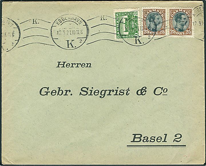 10 øre Genforening og 25 øre Chr. X i parstykke på brev fra København d. 12.9.1921 til Basel, Schweiz.