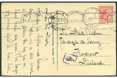 10 øre Chr. X på brevkort fra Kjøbenhavn d. 31.8.1917 til Kowrow, Rusland. Russisk censur.