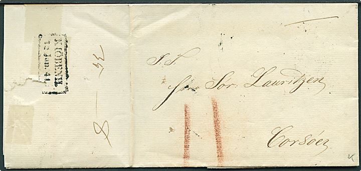 Portobrev med fuldt indhold og rammestempel Kiöbenh. d. 12.1.1841 til Korsør. Påskrevet 11 sk. porto. Taperester under stempel.