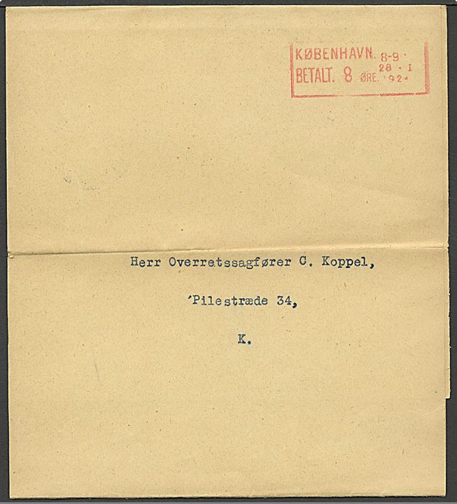 8 øre Posthusfranko forsøgsstempel på korsbånd sendt lokalt i København d. 28.1.1924. Vi har ikke set korsbånd med dette stempel før!