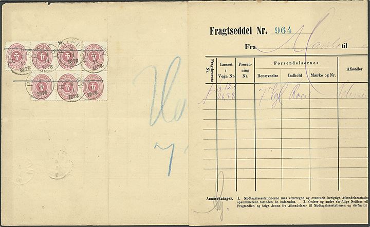 4 øre i 7 blok fra “Loll-F. Jern” Lolland F. jernbane- mærker sendt fra Maribo d. 4.11.1878. Mærkerne annulleret med lapidarstempel Holeby type VI. 