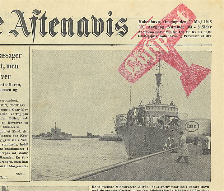 Komplet avisforside fra Berlingske Aftenavis d. 5.5.1948 med rødt flyverstempel med teksten: “Luftpost”. 