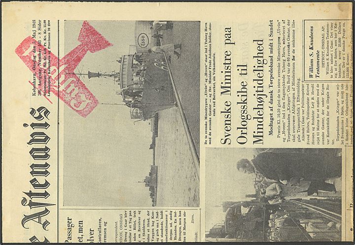 Komplet avisforside fra Berlingske Aftenavis d. 5.5.1948 med rødt flyverstempel med teksten: “Luftpost”. 