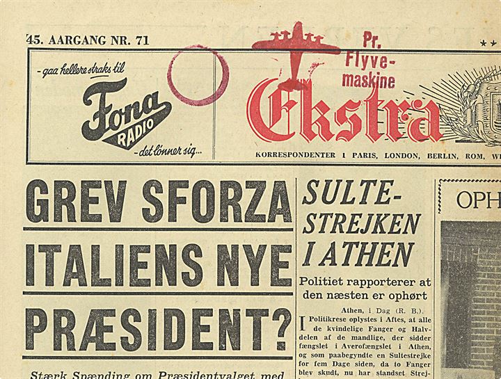 Komplet avisforside fra Ekstra Bladet d. 10.5.1948 med rødt motiv-stempel (Flyver) og “Pr. Flyvemaskine”.