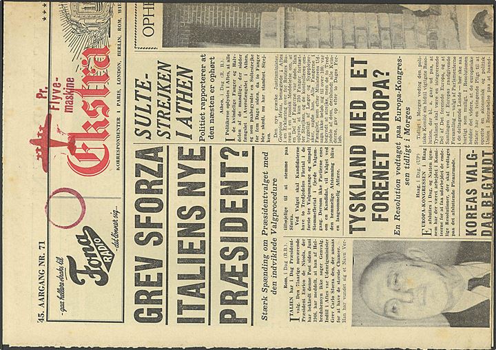 Komplet avisforside fra Ekstra Bladet d. 10.5.1948 med rødt motiv-stempel (Flyver) og “Pr. Flyvemaskine”.