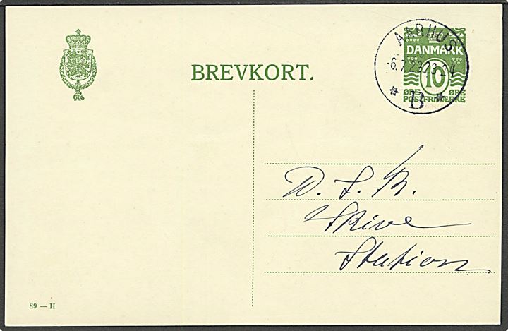 10 øre enkeltbrevkort annulleret med hidtil ukendt brotype IIIc stempel Aarhus *B* d. 6.7.1929 til Skive. Luksus kvalitet.