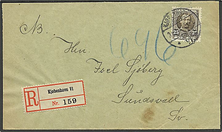 25 øre Fr. VIII single på anbefalet brev fra Kjøbenhavn VI d. 3.2.1908 til Sundsvall, Sverige. Kuvert beskåret.