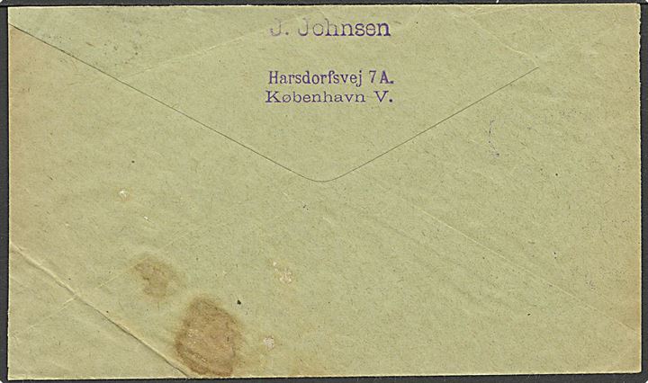 25 øre Fr. VIII single på anbefalet brev fra Kjøbenhavn VI d. 3.2.1908 til Sundsvall, Sverige. Kuvert beskåret.