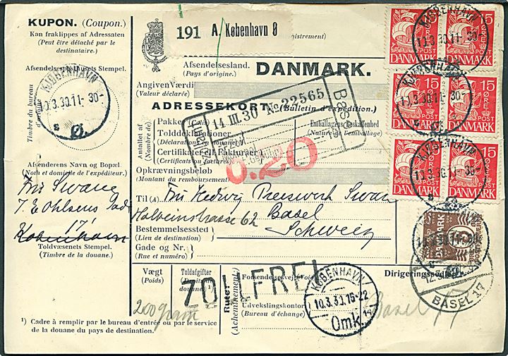 5 øre Bølgelinie og 15 øre Karavel (6) på 95 øre frankeret internationalt adressekort for pakke fra København d. 10.3.1930 til Basel, Schweiz.