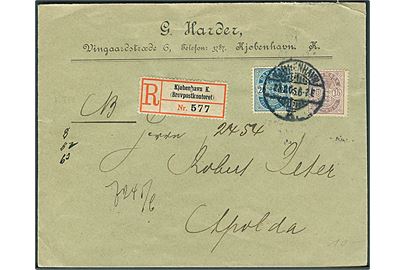 15 øre og 20 øre Våben på anbefalet brev fra Kjøbenhavn d. 23.2.1905 til Apolda, Tyskland.