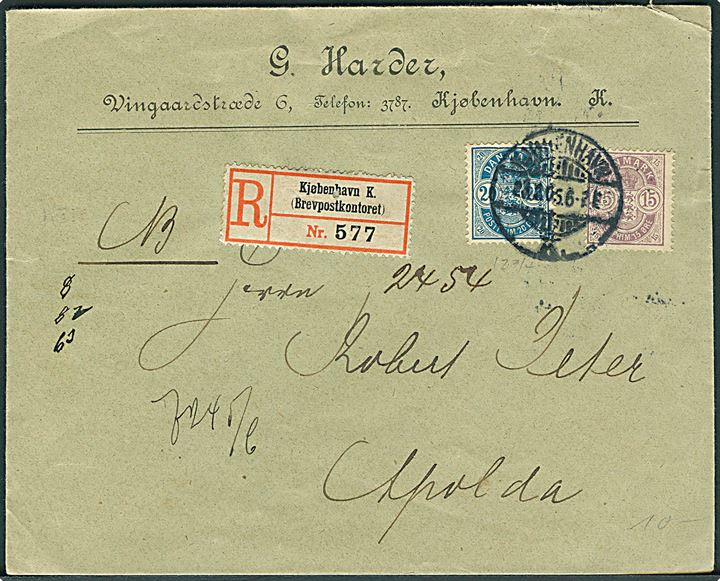 15 øre og 20 øre Våben på anbefalet brev fra Kjøbenhavn d. 23.2.1905 til Apolda, Tyskland.