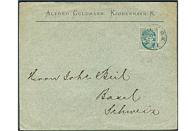 20 øre Våben med matricefejl Manglende fodstreg på 2 i 20 på brev annulleret med lapidar Kjøbenhavn II d. 11.4.1901 til Basel, Schweiz.