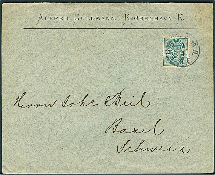 20 øre Våben med matricefejl Manglende fodstreg på 2 i 20 på brev annulleret med lapidar Kjøbenhavn II d. 11.4.1901 til Basel, Schweiz.