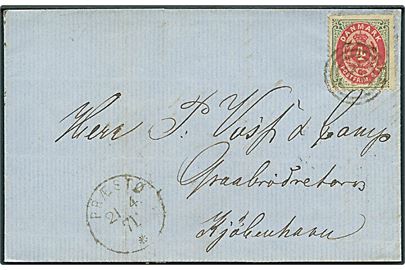 4 øre Tofarvet på brev annulleret med nr.stempel 52 og sidestemplet med fransk lapidar Præstø d. 21.4.1871 til Kjøbenhavn.