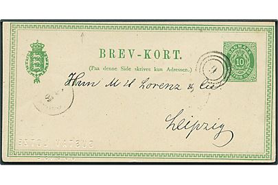 10 øre helsagsbrevkort fra Odense d. 9.1.1879 annulleret med nr.stempel 9 (= Fyenske Jernbane) til Leipsig, Tyskland.