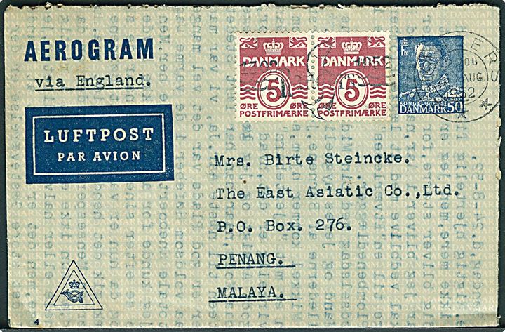 50 øre Fr. IX helsags aerogram (fabr. 4) med 5 øre Bølgelinie i parstykke fra Randers d. 25.8.1952 til Penang, Malaya.