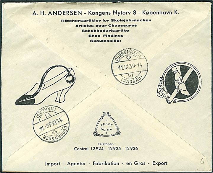 5 øre Bølgelinie og 50 øre Chr. X på illustreret firmakuvert fra A. H. Andersen sendt anbefalet fra København d. 8.9.1939 til Dürrenaesch, Schweiz. Violet stempel: Kassebrev København K.