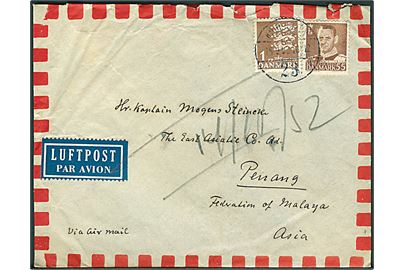 55 øre Fr. IX og 1 kr. Rigsvåben på luftpostbrev fra København d. 15.9.1952 til Penang, Malaya.