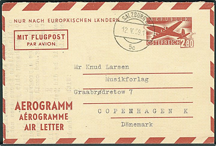 2,80 sh. helsags aerogram fra Salzburg d. 12.5.1959 til København, Danmark.