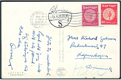 15 og 60 Mønt udg. på brevkort fra Tel Aviv 1955 til København, Danmark - eftersendt til Hellerup med sorte ombæringskontrolstreger.