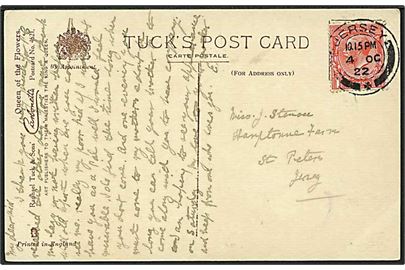 1d George V single på lokalt brevkort med smukt stempel JERSEY d. 4.10.1922.