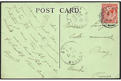 1d George V på brevkort stemplet GUERNSEY d. 16.8.1915 til Frankrig.
