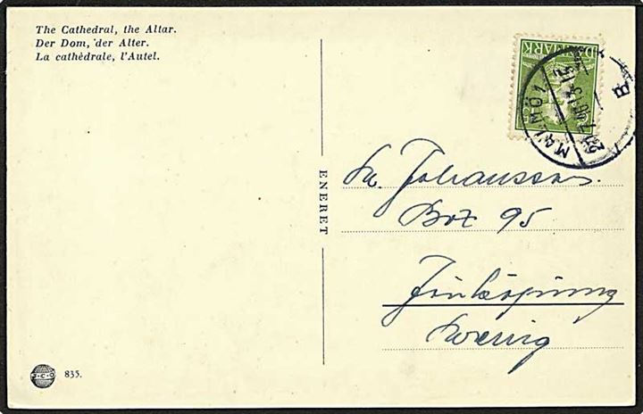 15 øre Chr. X på brevkort (København, Domkirken) annulleret med svensk stempel Malmö d. 20.7.1946 til Jönköping.