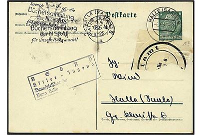 6 pfg. Hindenburg helsagsbrevkort sendt lokalt i Halle (Saale) d. 6.6.1941. Kortet beskadiget under stempling og påsat postoblat: Postamt Halle (Saale) 8. På for- og bagside afs.-stempel: NSDAP / Hitler Jugend / Bannspielschar 36 / Bann Halle (S.)