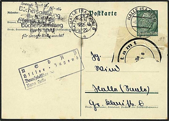 6 pfg. Hindenburg helsagsbrevkort sendt lokalt i Halle (Saale) d. 6.6.1941. Kortet beskadiget under stempling og påsat postoblat: Postamt Halle (Saale) 8. På for- og bagside afs.-stempel: NSDAP / Hitler Jugend / Bannspielschar 36 / Bann Halle (S.)