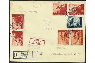 16 kuna blandingsfrankeret anbefalet ekspresbrev fra Zagreb d. 17.11.1942 til Saravejo. Rifter i top.