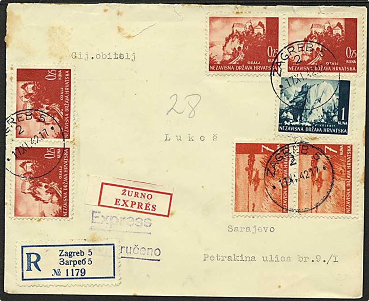 16 kuna blandingsfrankeret anbefalet ekspresbrev fra Zagreb d. 17.11.1942 til Saravejo. Rifter i top.