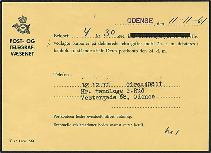 30 øre rød Fr. IX på lokalt sendt brev fra Post- & Telegrafvæsenet i Odense d. 13.11.1961.
