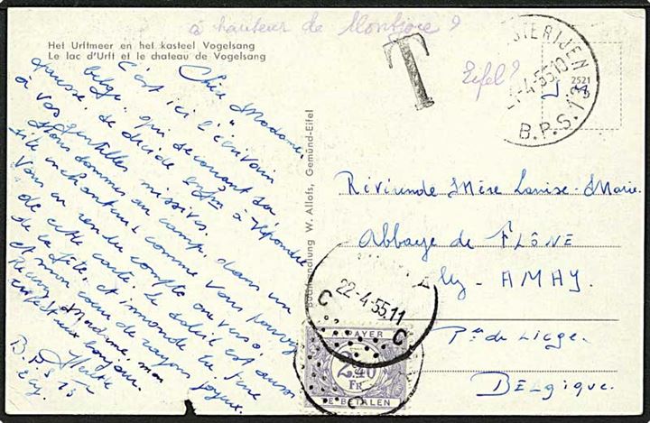 Ufrankeret belgisk feltpost brevkort (Burg Vogelsang) via B.P.S. 13 d. 21.4.1955 til Belgien. Udtakseret i 2½ Fr. porto. Belgisk besættelse af Tyskland.