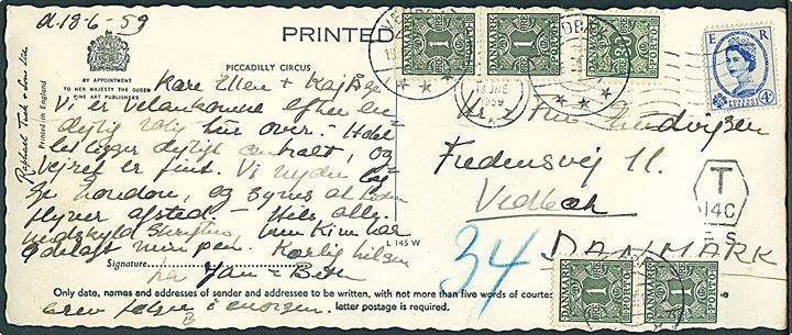 Engelsk 4d Elizabeth på stort brevkort fra London d. 18.6.1959 til Vedbæk, Danmark. Udtakseret i porto med 1 øre (4) og 30 øre Portomærke stemplet Vedbæk d. 19.6.1959.
